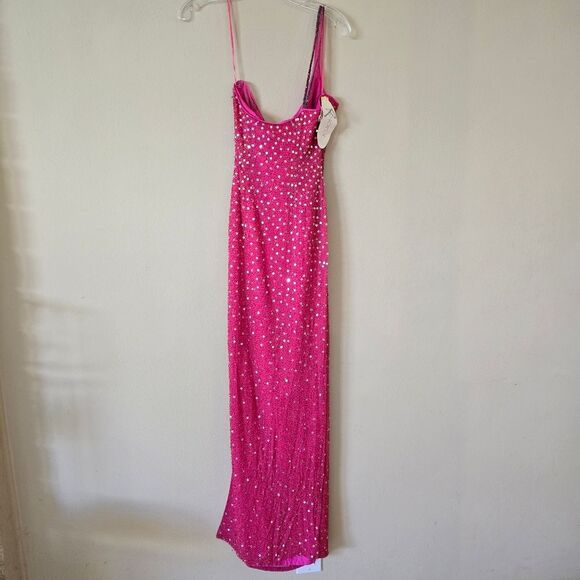 Vintage PANOPLY Pink Sequin One-Shoulder Silk Dress Embellished Sz 6 Y2K Glam - Picture 9 of 15